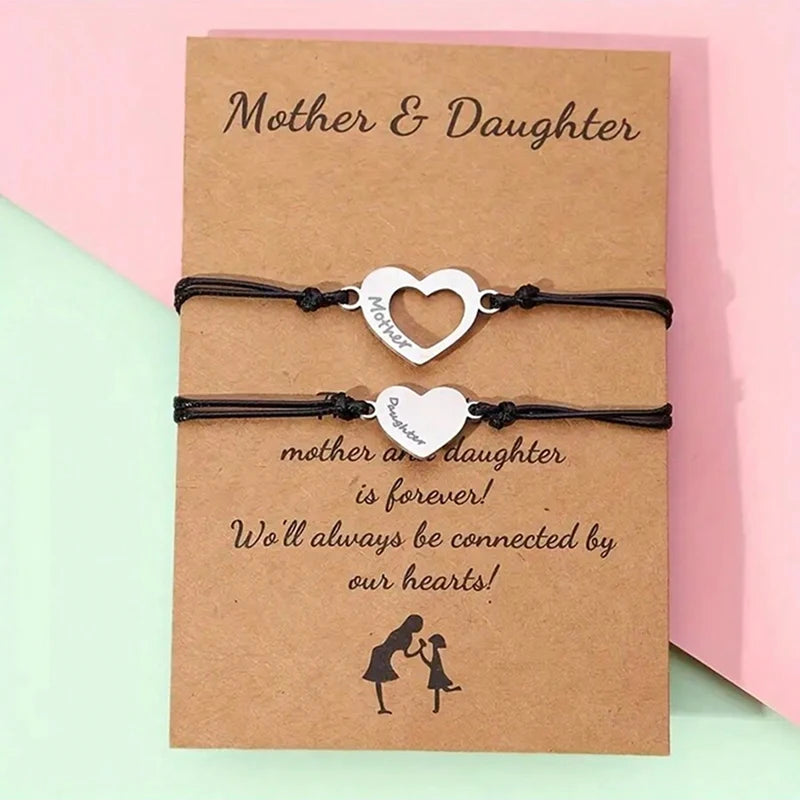 Matching Mother-Daughter Bracelet Set – Heart Charm, Adjustable Black Rope Jewelry, Mother’s Day Gift