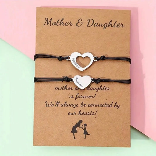 Matching Mother-Daughter Bracelet Set – Heart Charm, Adjustable Black Rope Jewelry, Mother’s Day Gift