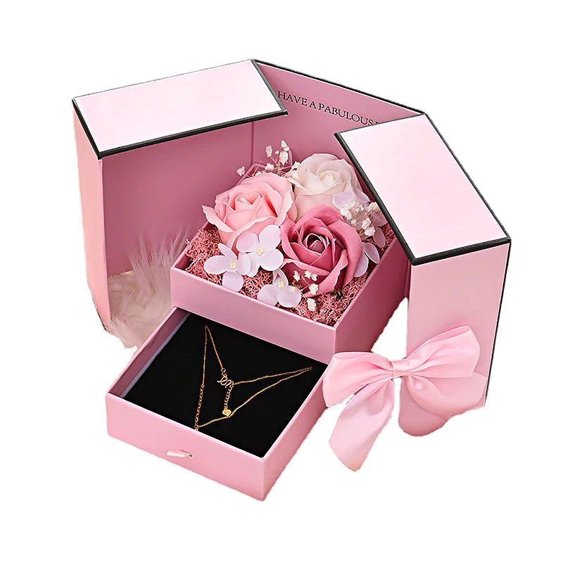 Luxury Rose Jewelry Gift Box – Double Door Drawer with Bow for Necklace Presentation