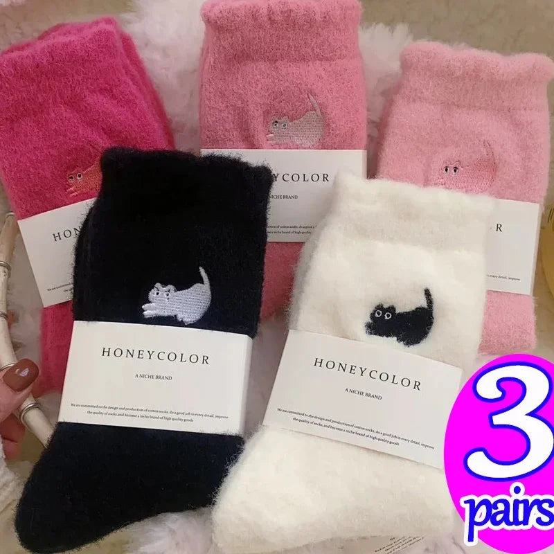 3 Pairs Premium Feel Cute Cat Cozy Mink Velvet Socks