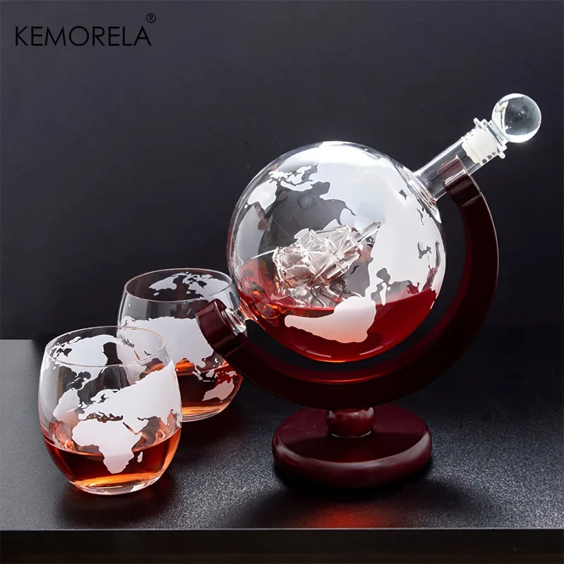 900ML Creative Globe Decanter Set – Elegant Whiskey Carafe with Wooden Stand & Glasses