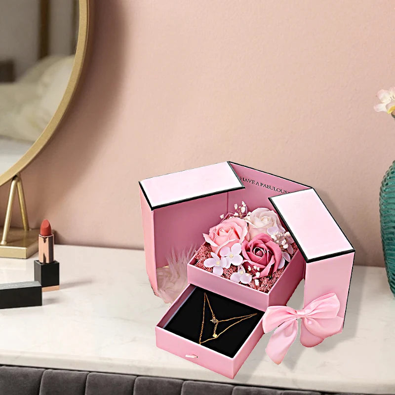 Luxury Rose Jewelry Gift Box – Double Door Drawer with Bow for Necklace Presentation