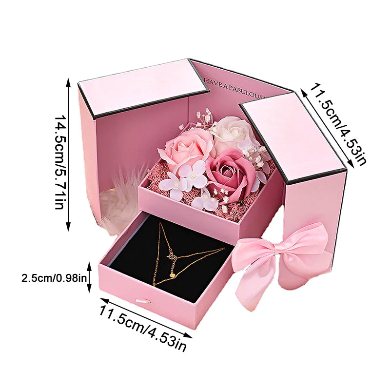 Luxury Rose Jewelry Gift Box – Double Door Drawer with Bow for Necklace Presentation