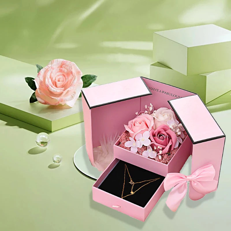 Luxury Rose Jewelry Gift Box – Double Door Drawer with Bow for Necklace Presentation