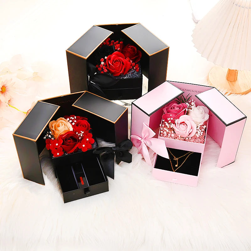 Luxury Rose Jewelry Gift Box – Double Door Drawer with Bow for Necklace Presentation