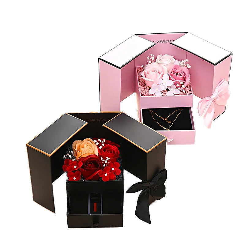 Luxury Rose Jewelry Gift Box – Double Door Drawer with Bow for Necklace Presentation