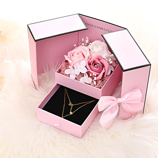 Luxury Rose Jewelry Gift Box – Double Door Drawer with Bow for Necklace Presentation