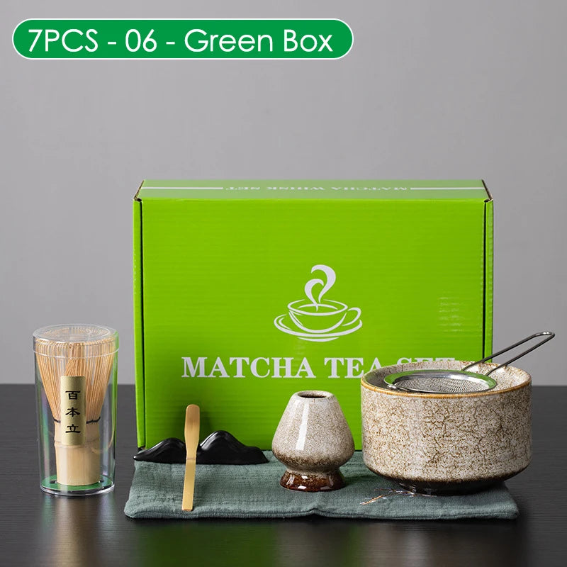 4/6/7-Piece Japanese Matcha Tea blender Set – Bamboo Whisk, Matcha Brush, Teaspoon, and Kiln for DIY Tea-Making & Beverage Shops