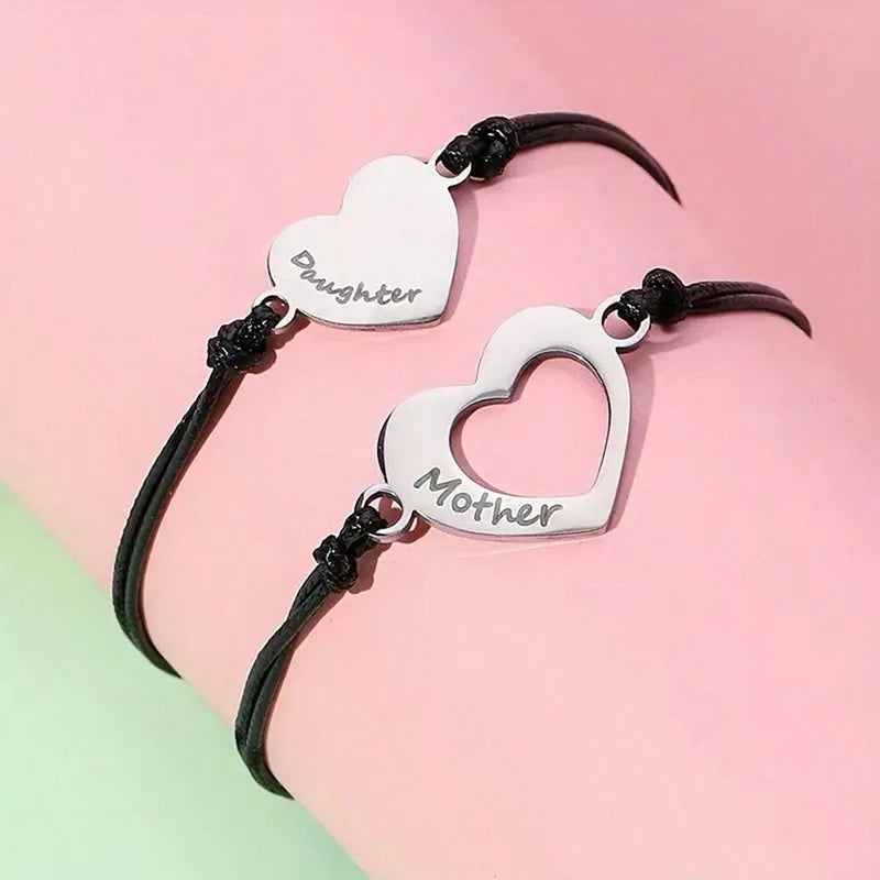 Matching Mother-Daughter Bracelet Set – Heart Charm, Adjustable Black Rope Jewelry, Mother’s Day Gift