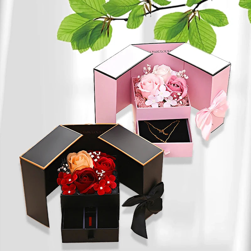 Luxury Rose Jewelry Gift Box – Double Door Drawer with Bow for Necklace Presentation