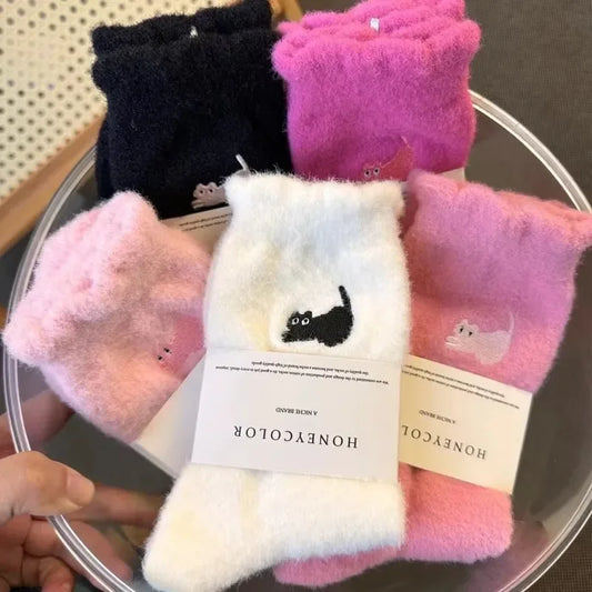 3 Pairs Premium Feel Cute Cat Cozy Mink Velvet Socks