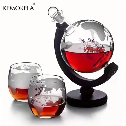 900ML Creative Globe Decanter Set – Elegant Whiskey Carafe with Wooden Stand & Glasses