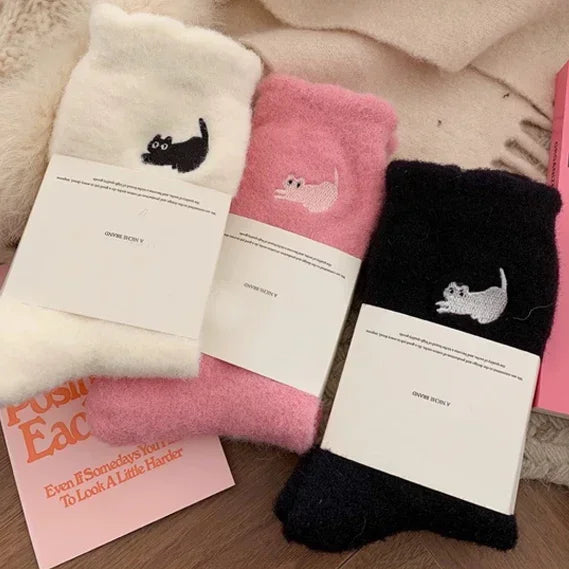 3 Pairs Premium Feel Cute Cat Cozy Mink Velvet Socks