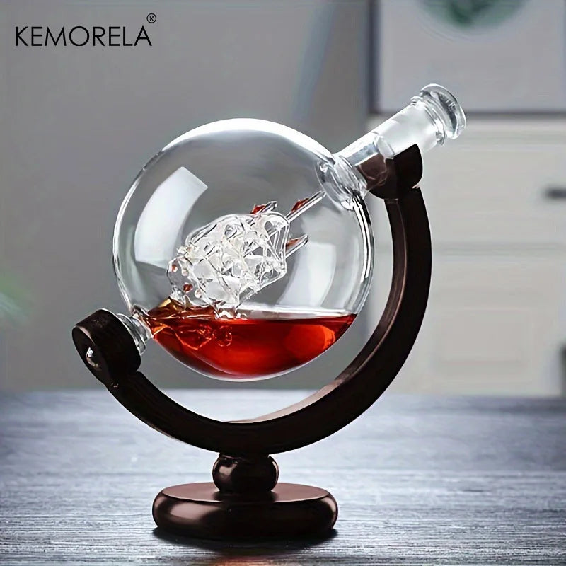 900ML Creative Globe Decanter Set – Elegant Whiskey Carafe with Wooden Stand & Glasses