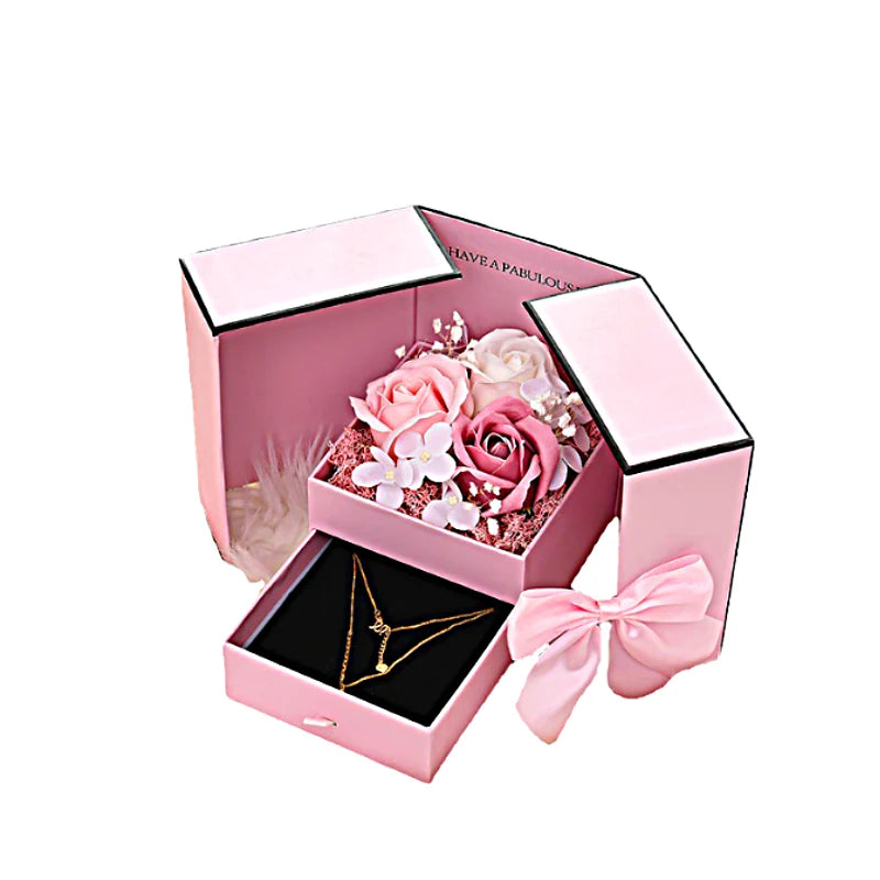 Luxury Rose Jewelry Gift Box – Double Door Drawer with Bow for Necklace Presentation