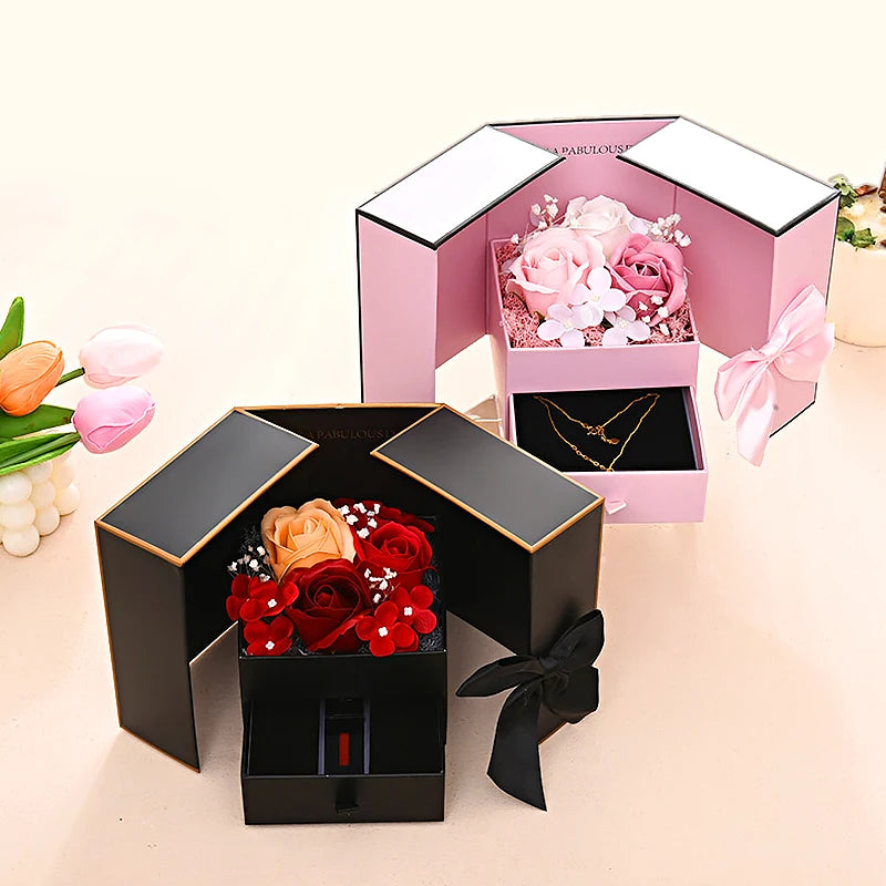 Luxury Rose Jewelry Gift Box – Double Door Drawer with Bow for Necklace Presentation