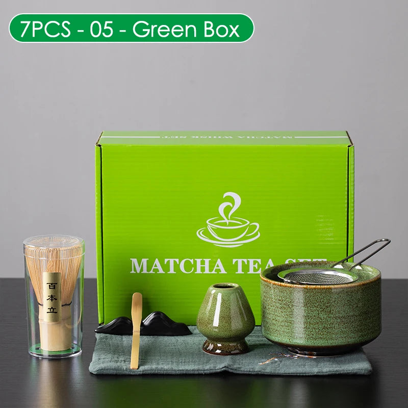 4/6/7-Piece Japanese Matcha Tea blender Set – Bamboo Whisk, Matcha Brush, Teaspoon, and Kiln for DIY Tea-Making & Beverage Shops