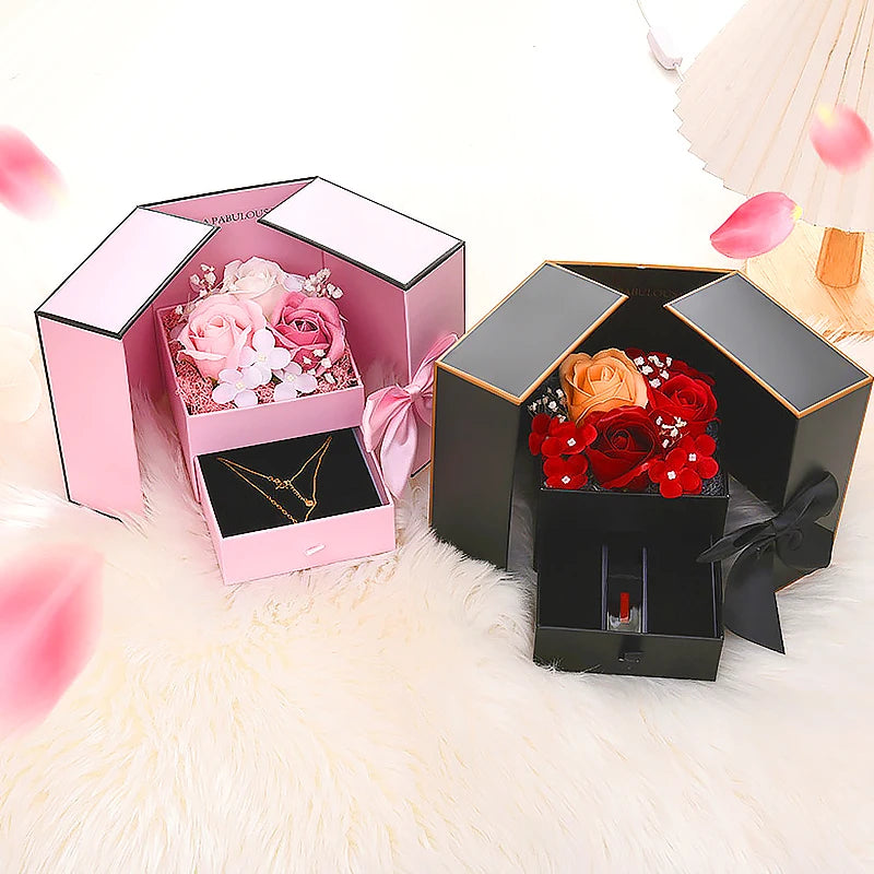 Luxury Rose Jewelry Gift Box – Double Door Drawer with Bow for Necklace Presentation