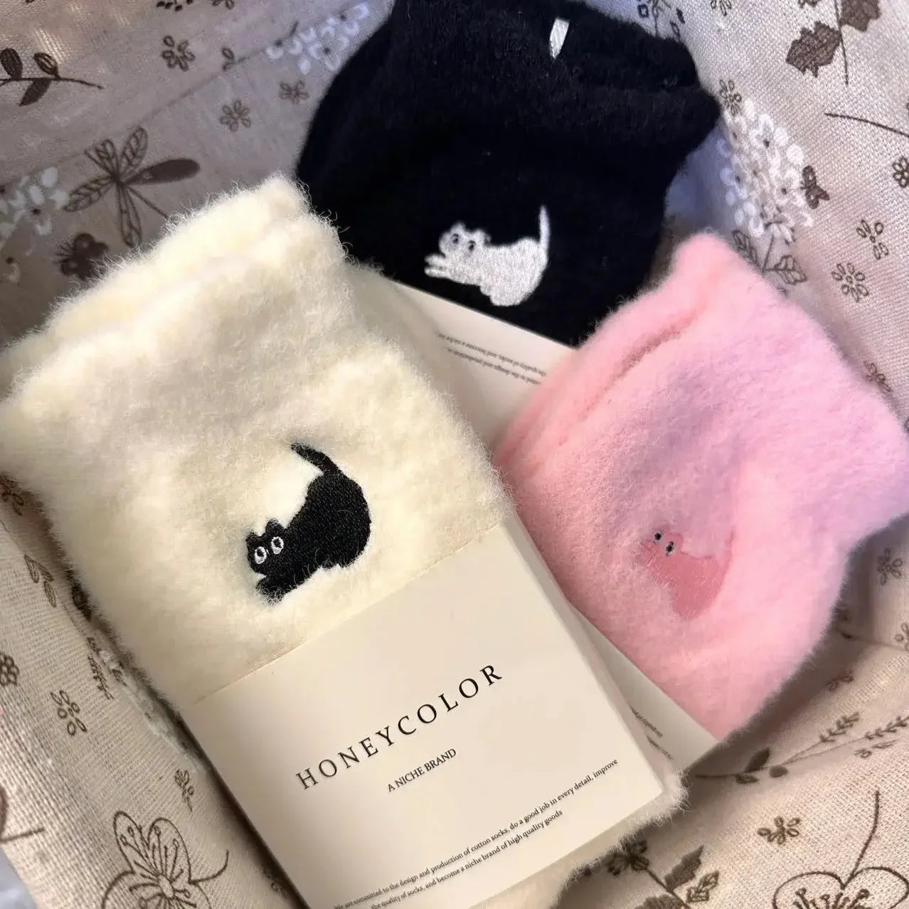 3 Pairs Premium Feel Cute Cat Cozy Mink Velvet Socks