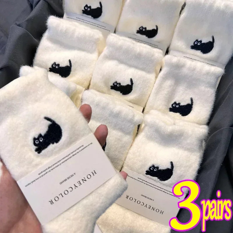 3 Pairs Premium Feel Cute Cat Cozy Mink Velvet Socks