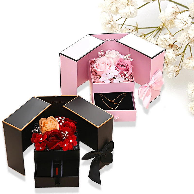 Luxury Rose Jewelry Gift Box – Double Door Drawer with Bow for Necklace Presentation