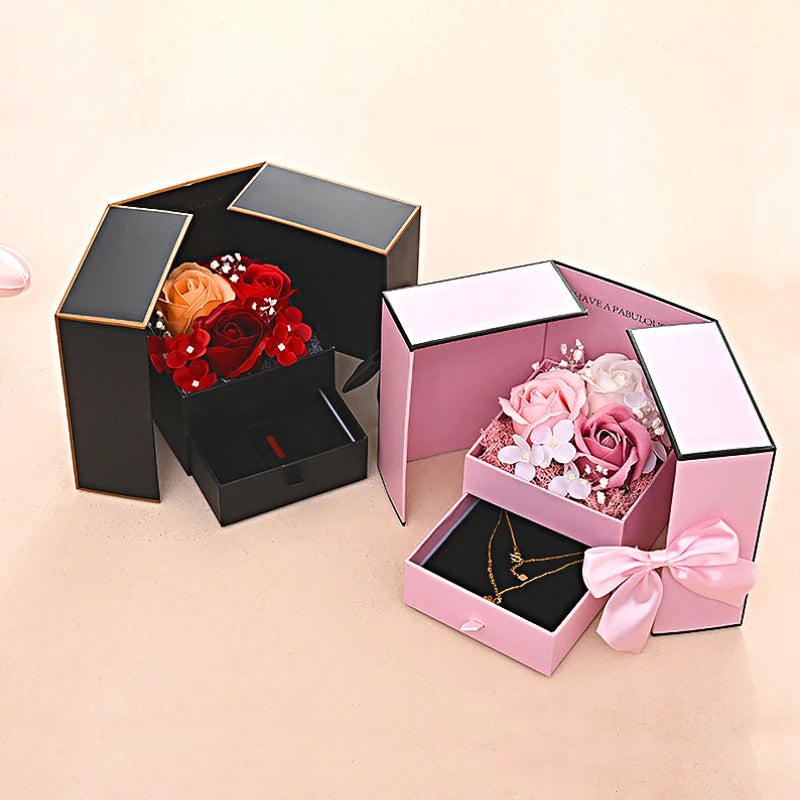 Luxury Rose Jewelry Gift Box – Double Door Drawer with Bow for Necklace Presentation