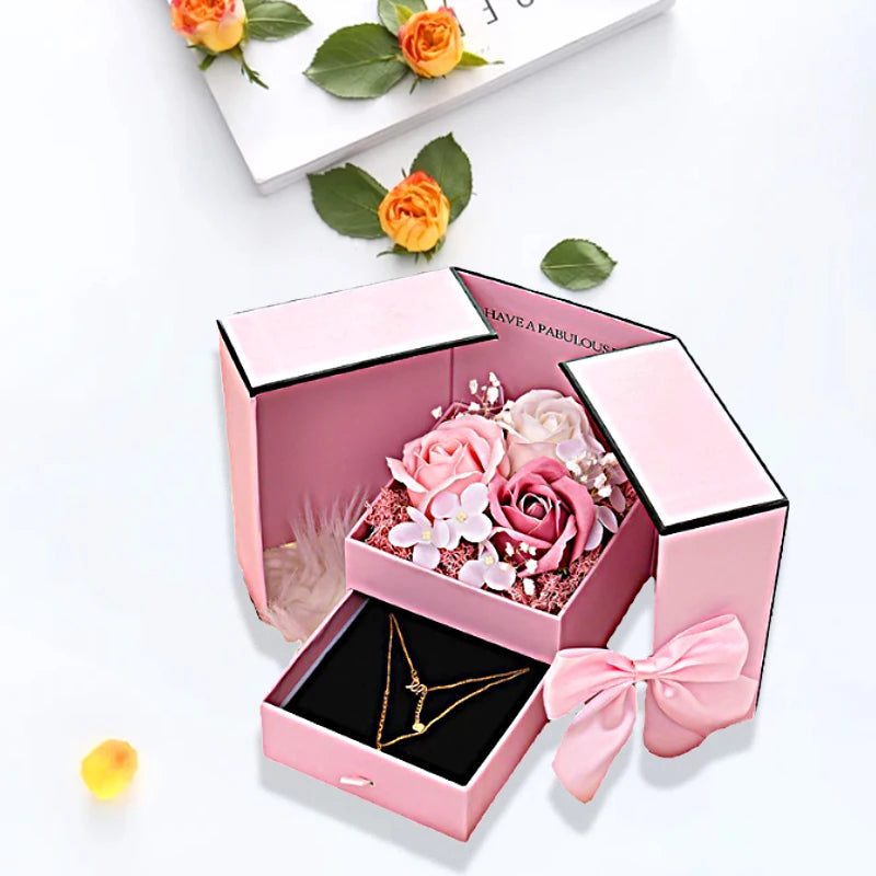 Luxury Rose Jewelry Gift Box – Double Door Drawer with Bow for Necklace Presentation